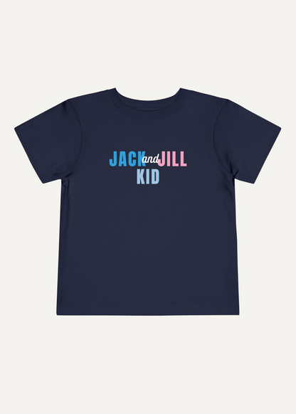 Navy blue t-shirt with 'Jack and Jill Kid' text on a white background