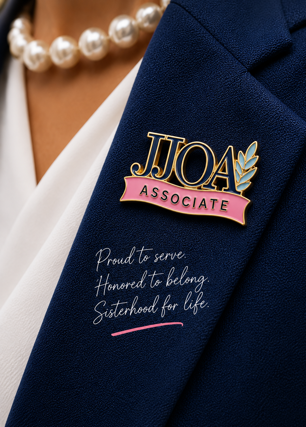 A close-up of a navy blue blazer with a pink and gold JJOA Associate lapel pin, perfect for jack and jill of america associate gifts