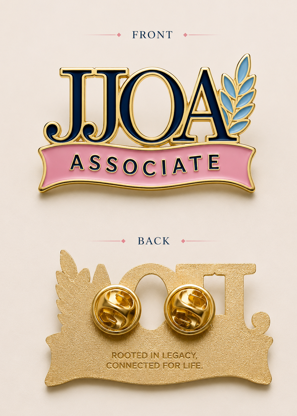 Front and back views of a JJOA Associate enamel pin on a light beige background. The front features gold-tone lettering with navy blue fill and a light blue leaf accent on a pink banner.