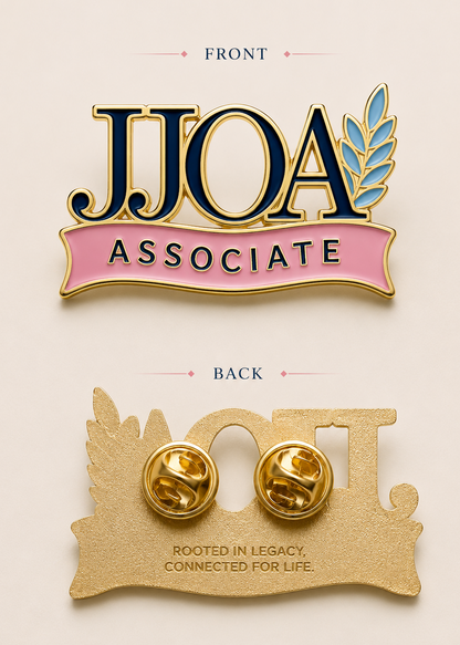 Front and back views of a JJOA Associate enamel pin on a light beige background. The front features gold-tone lettering with navy blue fill and a light blue leaf accent on a pink banner.