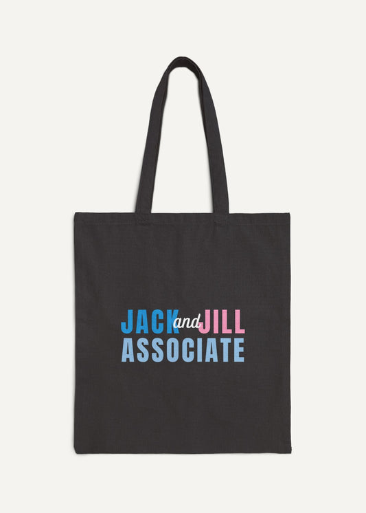 Black tote bag with 'Jack and Jill Associate' text on a white background