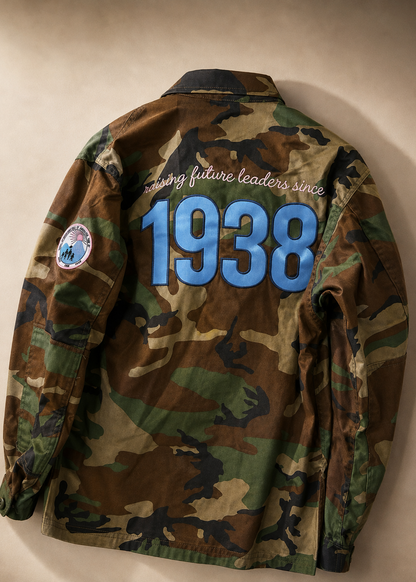 jack and jill of america raising future leaders camo jacket with removeable gold jj logo pin - back view
