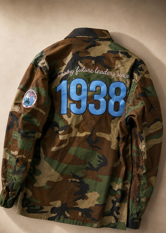 jack and jill of america raising future leaders camo jacket with removeable gold jj logo pin - back view