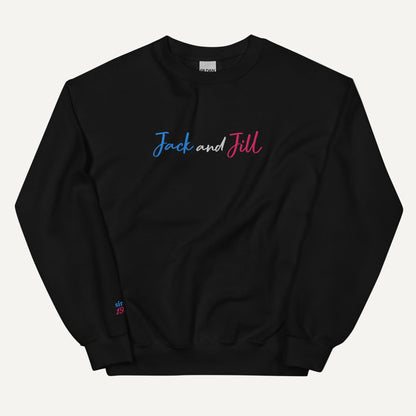 Black sweatshirt with 'Jack and Jill' embroidered on the front and 'since 1938' on the sleeve