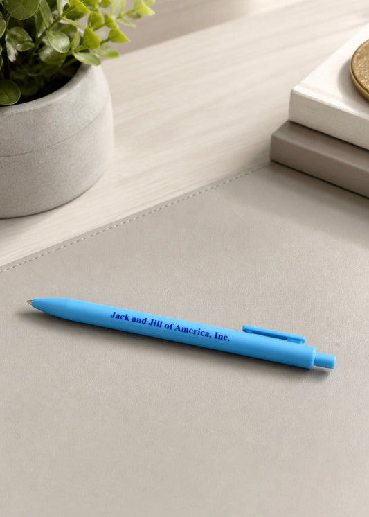 light blue jack and jill of america soft tpuch ink pen with navy blue embossed detail gift for jack and jill teens, jack and jill dads and jack and jill moms