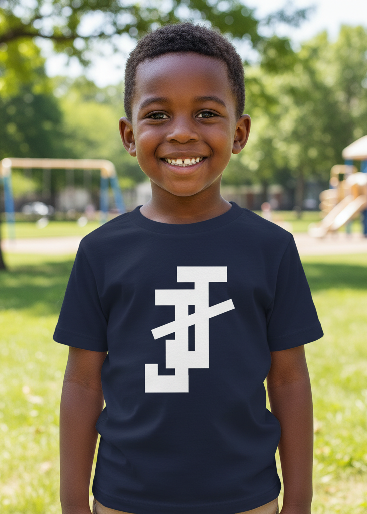 Child wearing a navy blue t-shirt with a white jack and jill of america logo in a park setting