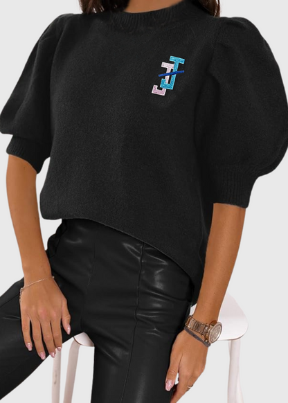 jack and jill of america sweater - puff sleeve sweater with embroidered JJ logo 