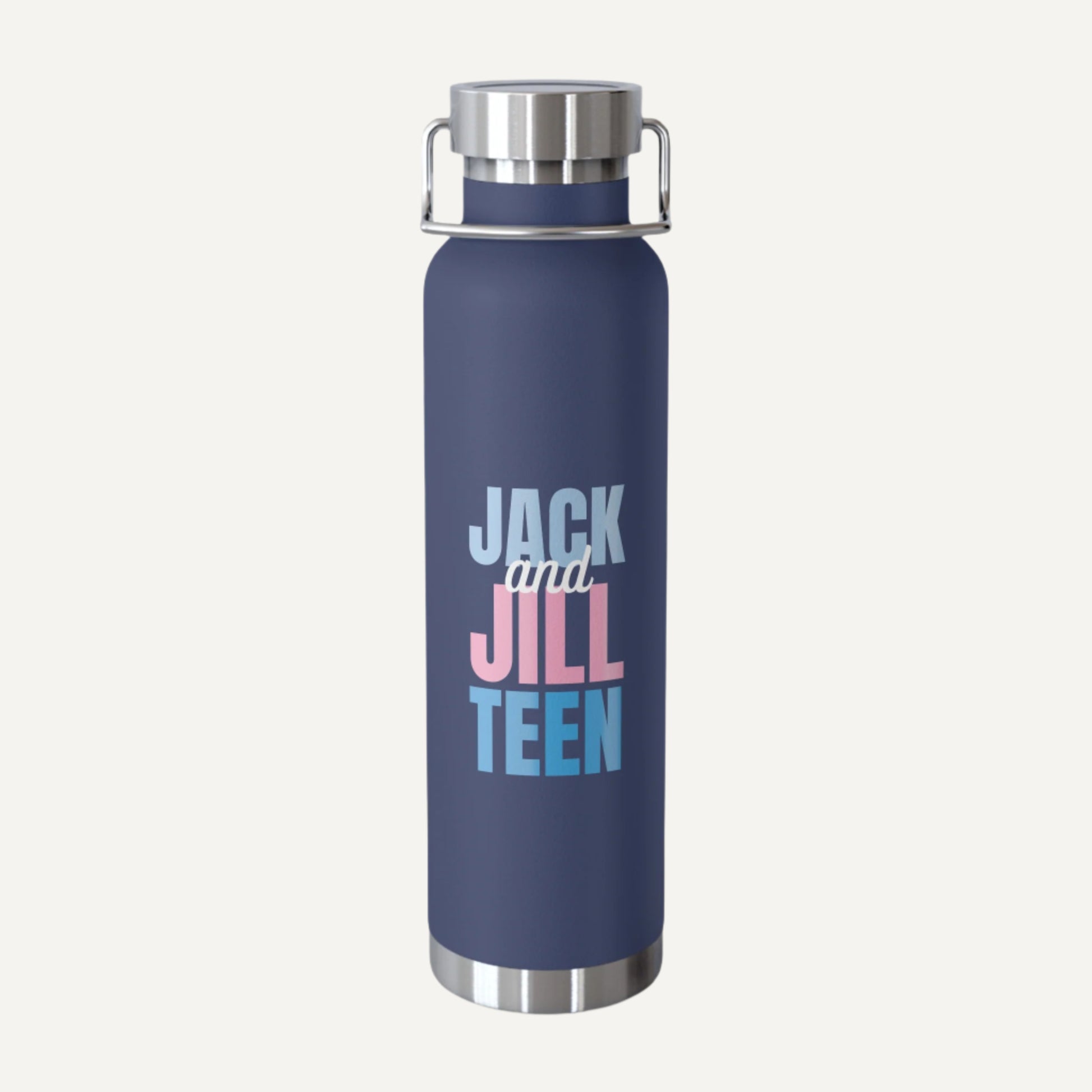 Navy blue water bottle with 'Jack and Jill Teen' text on a white background