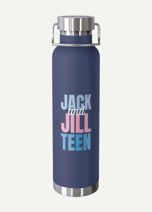 Navy blue water bottle with 'Jack and Jill Teen' text on a white background