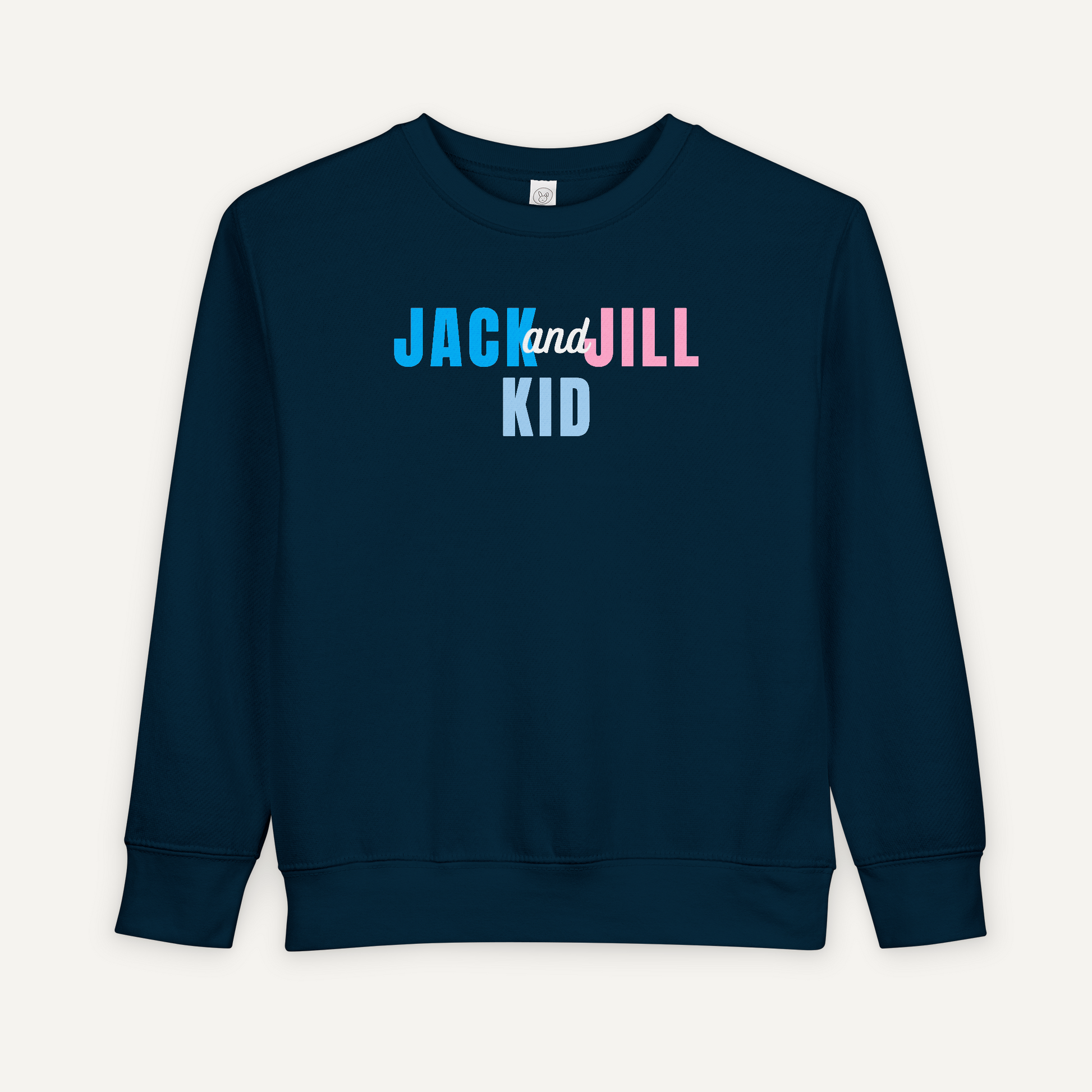 Navy blue sweatshirt with 'Jack and Jill Kid' text on a white background