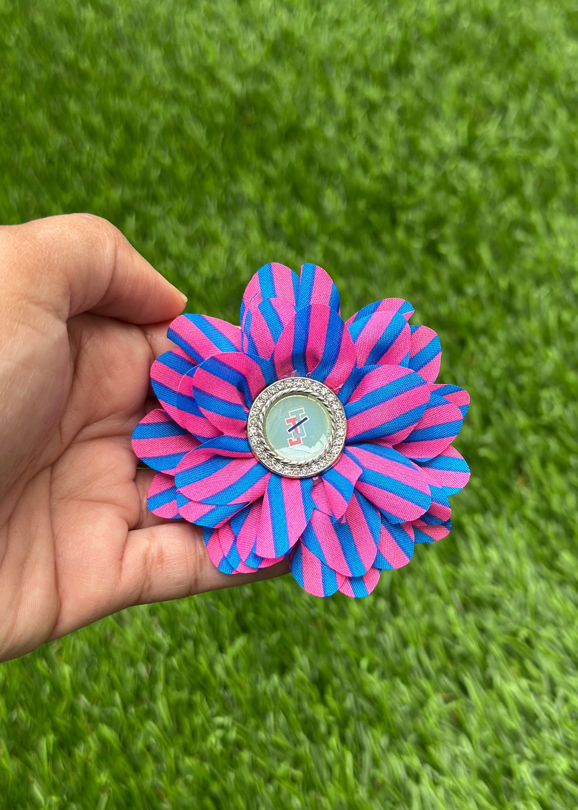 Hand holding a pink and blue striped flower lapel pin with rhinestones and a JJ logo in the center against a grass background