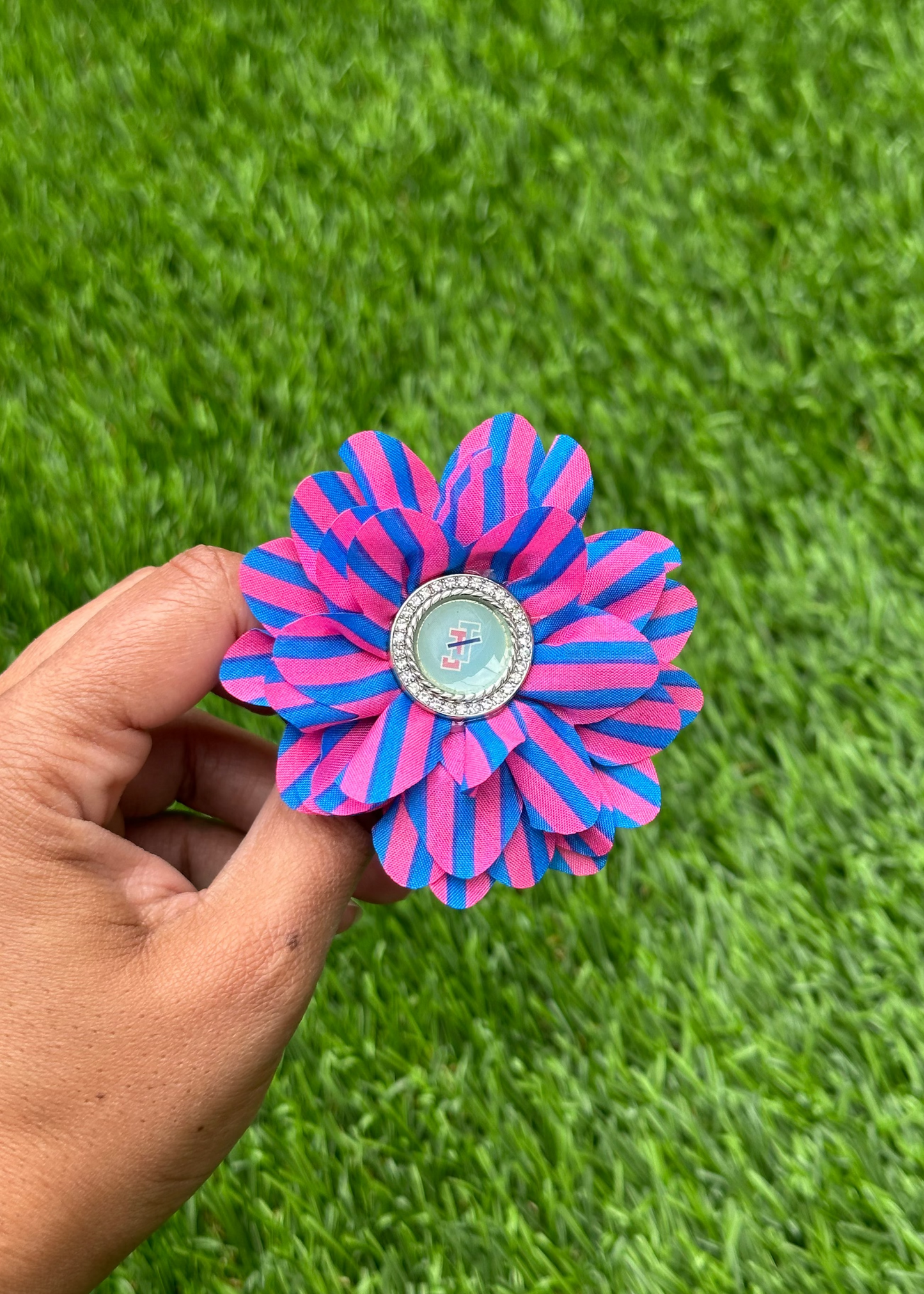 Hand holding a pink and blue striped flower-shaped object with rhinestone and JJ logo face against a grass background