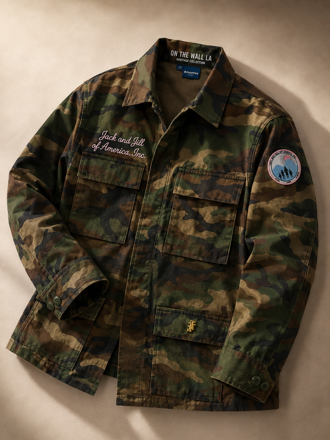 jack and jill of america raising future leaders camo jacket with removeable gold jj logo pin