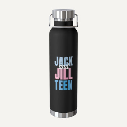 Black water bottle with 'Jack and Jill Teen' text on a white background