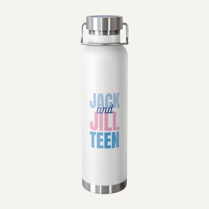 White water bottle with 'Jack and Jill Teen' text on a white background for jack and jill teen swag