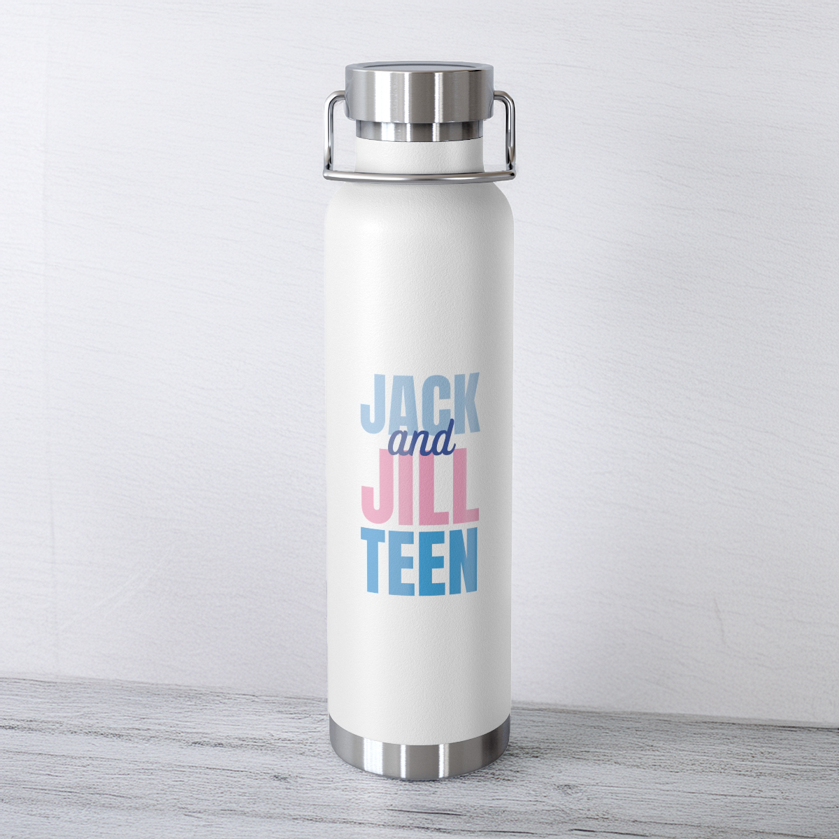 White water bottle with 'Jack and Jill Teen' text on a light gray background for jack and jill of america teen gift