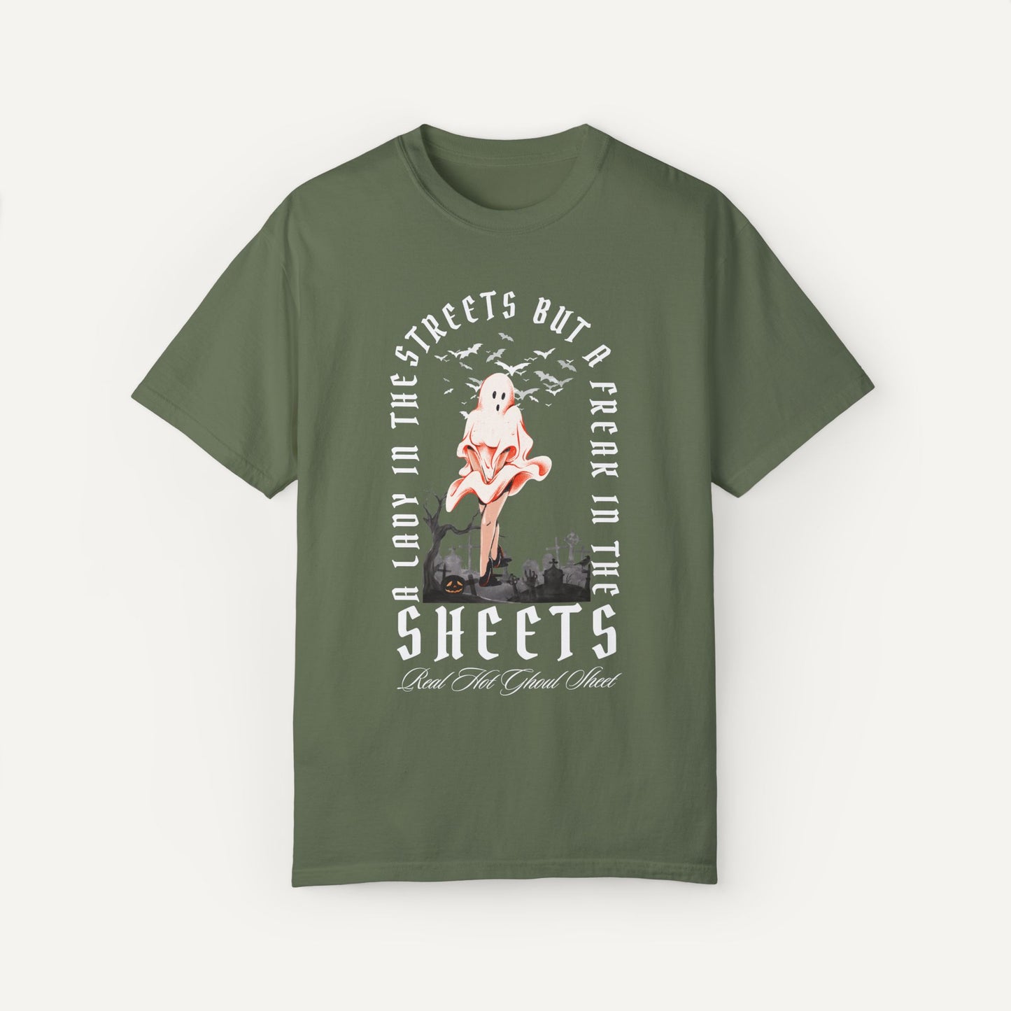 lady in the street halloween shirt-sage green