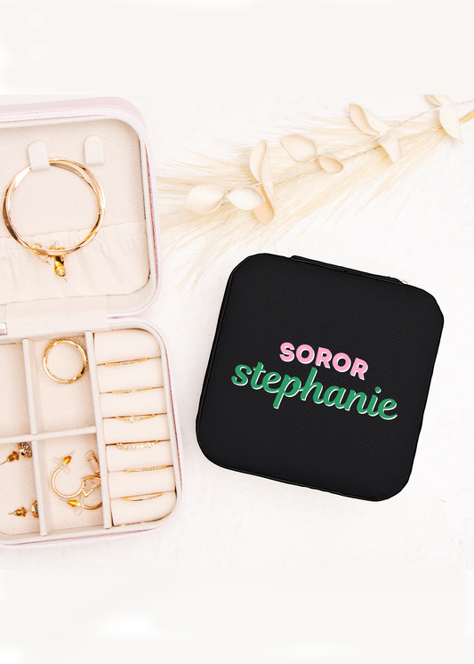 personalized pink and green soror jewelry case