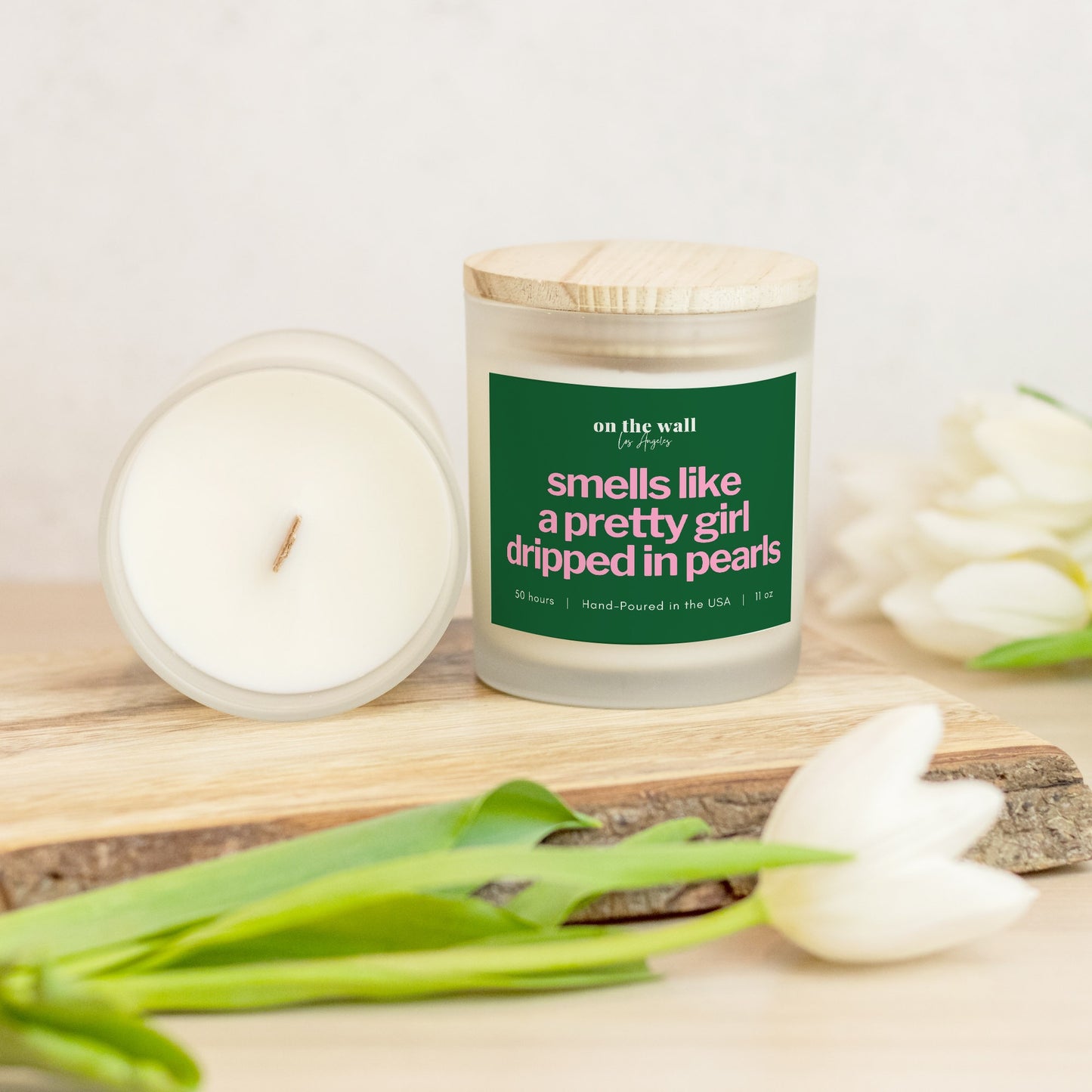 pink and green candle gift for her- smells like a pretty girl dripped in pearls pink and green candle with lid