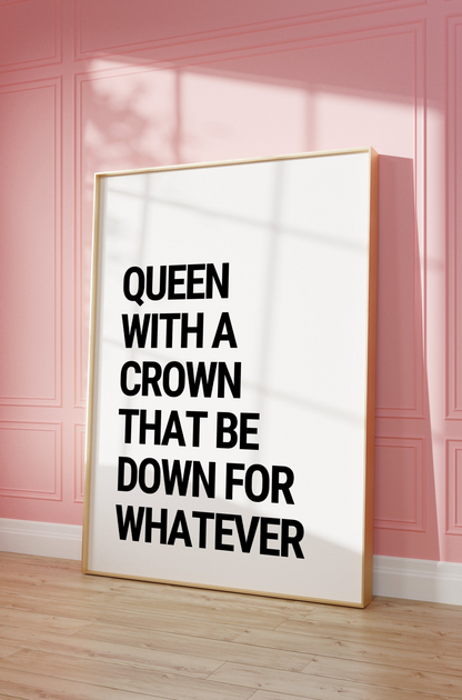 queen with a crown hip hop lyrics print - framed on pink wall