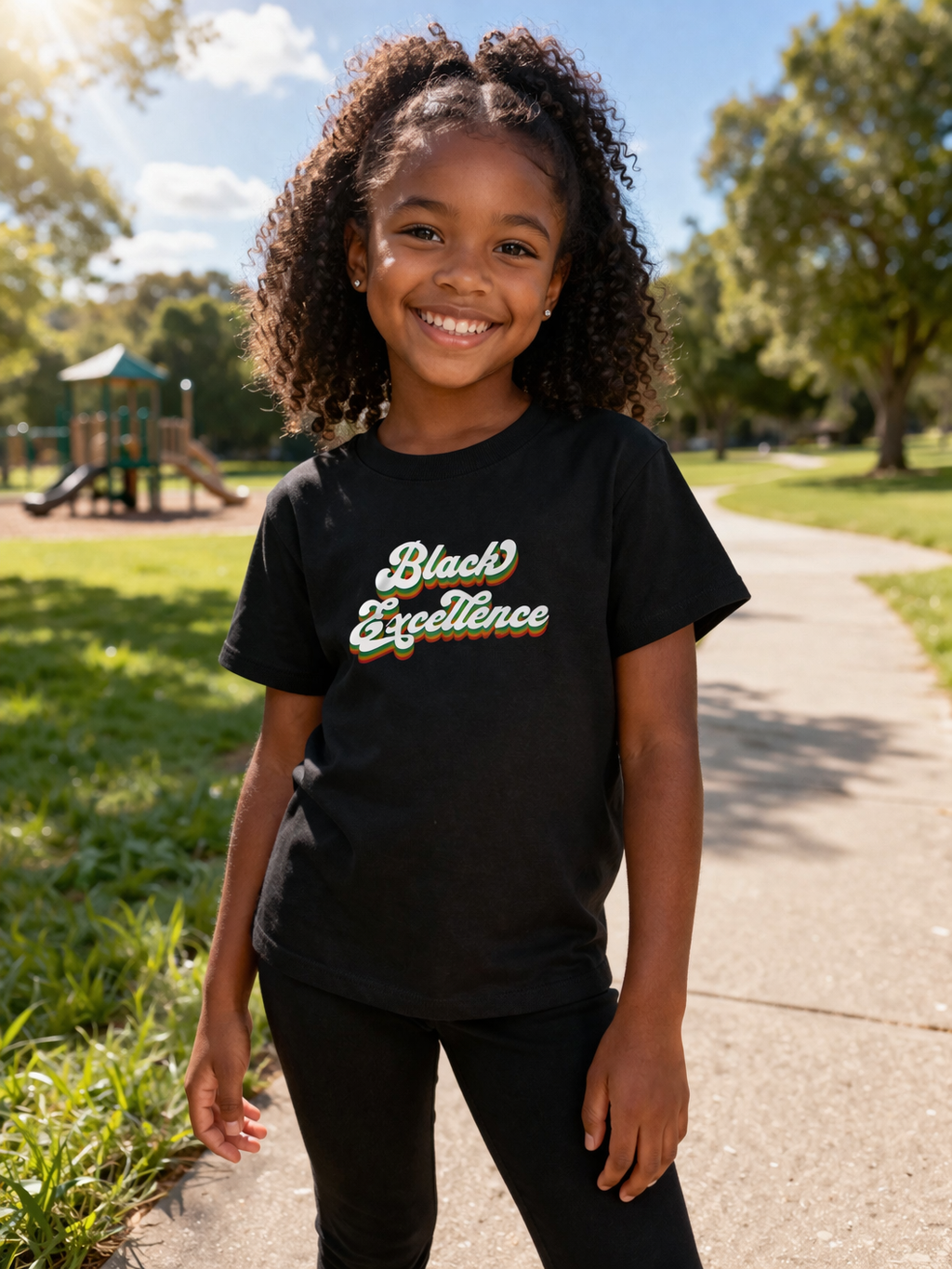 Child wearing a black t-shirt with 'Black Excellence' text in a park.