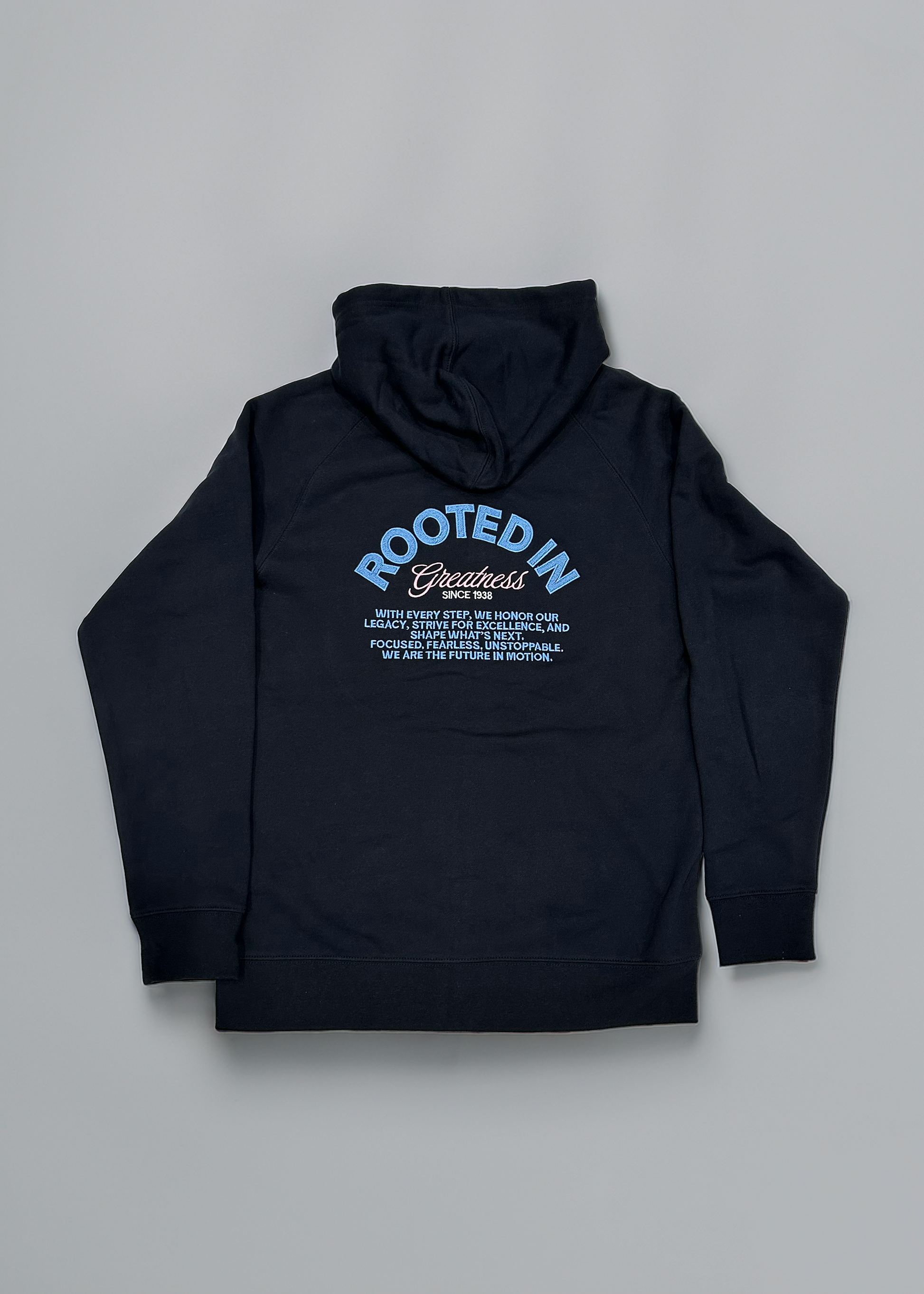 rooted in greatness embroidered full zip hoodie back view