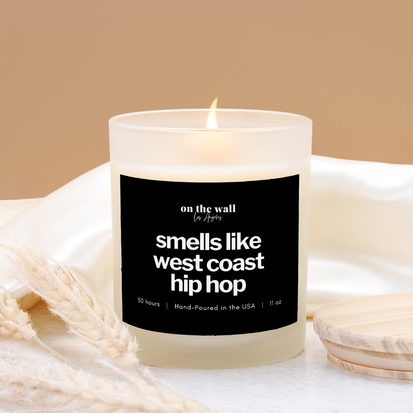 west coast hip hop candle gift lit with lid off