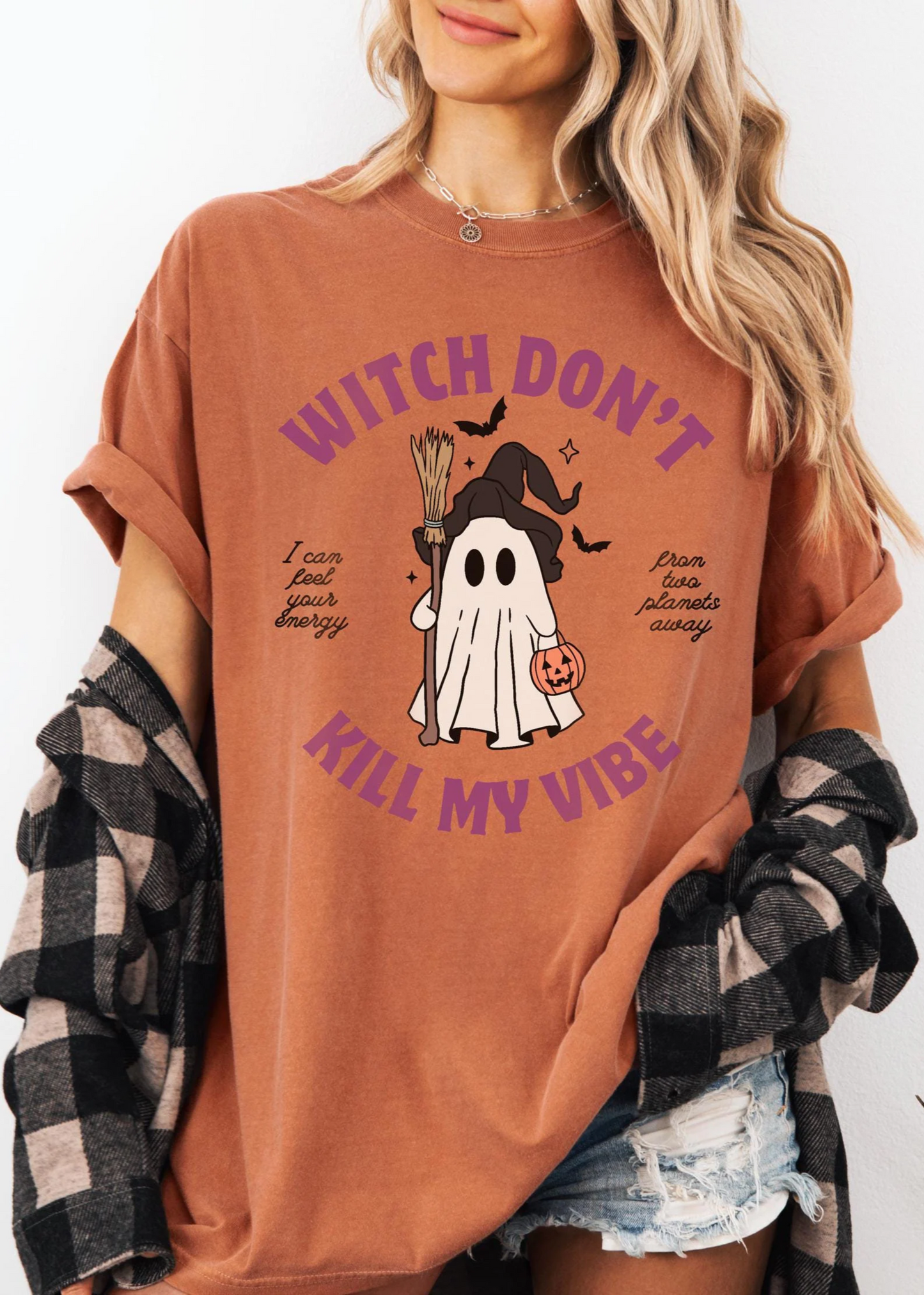 witch don't kill my vibe Halloween graphic tee with ghost